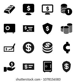 Flat vector icon set - gold ingot vector, investment, coin stack, check, dollar shield, safe, monitor, cent sign