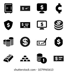 Flat vector icon set - gold ingot vector, coin stack, check, dollar shield, safe, monitor, cent sign