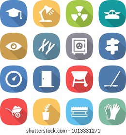 flat vector icon set - graduate hat vector, table lamp, nuclear, scales, eye, chromosomes, safe, signpost, barometer, door, bbq, rake, wheelbarrow, seedling, sponge, gloves