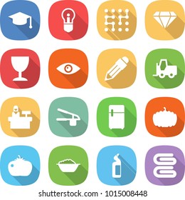 flat vector icon set - graduate hat vector, bulb, chip, diamond, wineglass, eye, pencil, fork loader, reception, garlic clasp, fridge, pumpkin, tomato, foam basin, toilet cleanser, towel