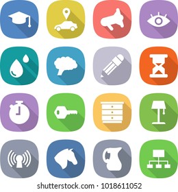 flat vector icon set - graduate hat vector, car pointer, megafon, eye, blood drop, brain, pencil, sand clock, stopwatch, key, chest of drawers, floor lamp, antenna, horse, jug, hierarchy
