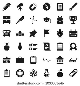 Flat vector icon set - graduate hat vector, pen, university, pencil, school building, glasses, case, backpack, apple fruit, atom, telescope, alarm clock, clipboard, paper pin, compass, award cup