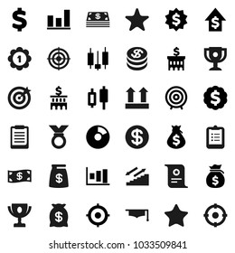Flat vector icon set - graduate hat vector, clipboard, award cup, certificate, graph, pie, japanese candle, money bag, dollar growth, bank building, target, medal, sign, stairways run, top, coin