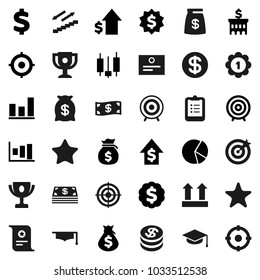 Flat vector icon set - graduate hat vector, clipboard, award cup, certificate, graph, pie, japanese candle, money bag, dollar growth, bank building, target, medal, sign, stairways run, top, coin