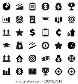 Flat vector icon set - graduate hat vector, clipboard, award cup, certificate, graph, pie, japanese candle, money bag, dollar growth, target, medal, cent sign, stairways run, top, favorites, coin