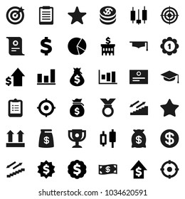 Flat vector icon set - graduate hat vector, clipboard, award cup, certificate, graph, pie, japanese candle, money bag, dollar growth, bank building, target, medal, sign, stairways run, top, coin