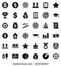Flat vector icon set - graduate hat vector, clipboard, award cup, certificate, graph, pie, japanese candle, money bag, dollar growth, bank building, target, medal, sign, stairways run, top, coin