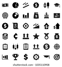 Flat vector icon set - graduate hat vector, clipboard, award cup, certificate, graph, pie, japanese candle, dollar growth, bank building, target, medal, cent sign, stairways run, top, favorites