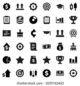 Flat vector icon set - graduate hat vector, clipboard, award cup, certificate, graph, pie, japanese candle, money bag, dollar growth, bank building, target, medal, cent sign, top, favorites, coin