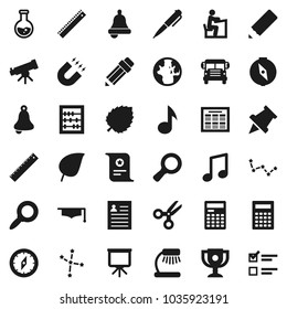 Flat vector icon set - graduate hat vector, pencil, ruler, student, pen, telescope, bell, table lamp, calculator, schedule, paper pin, compass, award cup, certificate, magnet, scissors, school bus