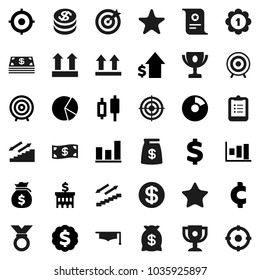 Flat vector icon set - graduate hat vector, clipboard, award cup, certificate, graph, pie, japanese candle, money bag, dollar growth, bank building, target, medal, cent sign, stairways run, top