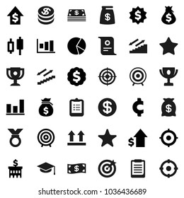 Flat vector icon set - graduate hat vector, clipboard, award cup, certificate, graph, pie, japanese candle, money bag, dollar growth, bank building, target, medal, cent sign, stairways run, top