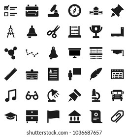 Flat vector icon set - graduate hat vector, pen, university, school building, blackboard, corner ruler, drawing compass, glasses, backpack, microscope, bell, table lamp, schedule, paper pin, bus