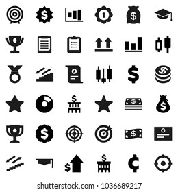 Flat vector icon set - graduate hat vector, clipboard, award cup, certificate, graph, pie, japanese candle, money bag, dollar growth, bank building, target, medal, cent sign, stairways run, top