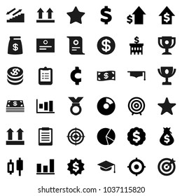 Flat vector icon set - graduate hat vector, clipboard, award cup, certificate, graph, pie, japanese candle, money bag, dollar growth, bank building, target, medal, cent sign, stairways run, top