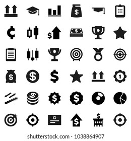 Flat vector icon set - graduate hat vector, clipboard, award cup, certificate, graph, pie, japanese candle, dollar growth, bank building, target, medal, cent sign, stairways run, top, favorites