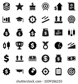 Flat vector icon set - graduate hat vector, clipboard, award cup, certificate, graph, pie, japanese candle, money bag, dollar growth, bank building, target, medal, sign, stairways run, top, coin