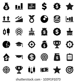Flat vector icon set - graduate hat vector, clipboard, award cup, certificate, graph, pie, japanese candle, money bag, dollar growth, bank building, target, medal, sign, stairways run, top, coin