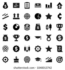 Flat vector icon set - graduate hat vector, clipboard, award cup, certificate, graph, pie, japanese candle, money bag, dollar growth, bank building, target, medal, cent sign, stairways run, top