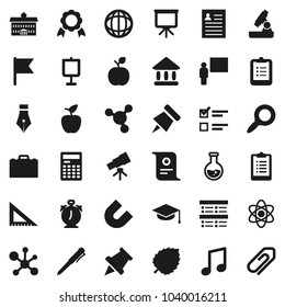 Flat vector icon set - graduate hat vector, pen, university, blackboard, corner ruler, case, apple fruit, atom, telescope, microscope, calculator, alarm clock, clipboard, paper pin, medal, magnet