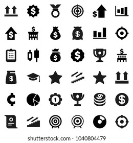 Flat vector icon set - graduate hat vector, clipboard, award cup, certificate, graph, pie, japanese candle, money bag, dollar growth, bank building, target, medal, cent sign, stairways run, top