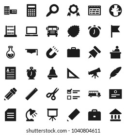 Flat vector icon set - graduate hat vector, pen, pencil, school building, corner ruler, student, case, telescope, bell, table lamp, calculator, notebook pc, alarm clock, schedule, paper pin, medal