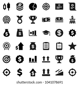 Flat vector icon set - graduate hat vector, clipboard, award cup, certificate, graph, pie, japanese candle, money bag, dollar growth, bank building, target, medal, sign, stairways run, top, coin