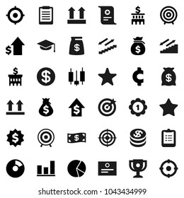 Flat vector icon set - graduate hat vector, clipboard, award cup, certificate, graph, pie, japanese candle, money bag, dollar growth, bank building, target, medal, cent sign, stairways run, top