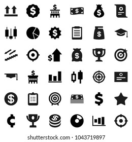 Flat vector icon set - graduate hat vector, clipboard, award cup, certificate, graph, pie, japanese candle, money bag, dollar growth, bank building, target, medal, cent sign, stairways run, top