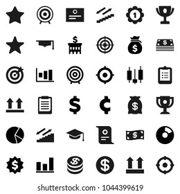 Flat vector icon set - graduate hat vector, clipboard, award cup, certificate, graph, pie, japanese candle, money bag, bank building, target, dollar medal, cent sign, stairways run, top, favorites