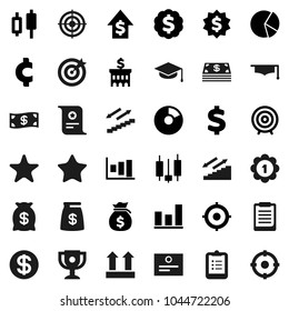 Flat vector icon set - graduate hat vector, clipboard, award cup, certificate, graph, pie, japanese candle, money bag, dollar growth, bank building, target, medal, cent sign, stairways run, top