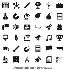 Flat vector icon set - graduate hat vector, pen, blackboard, ruler, drawing compass, case, backpack, apple fruit, atom, telescope, microscope, table lamp, calculator, schedule, paper pin, award cup
