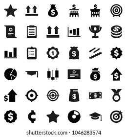 Flat vector icon set - graduate hat vector, clipboard, award cup, certificate, graph, pie, japanese candle, money bag, dollar growth, bank building, target, medal, cent sign, stairways run, top