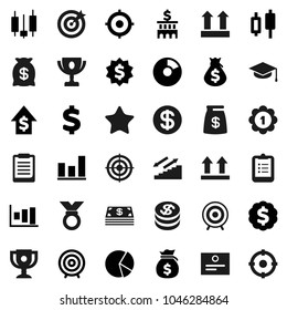 Flat vector icon set - graduate hat vector, clipboard, award cup, certificate, graph, pie, japanese candle, money bag, dollar growth, bank building, target, medal, sign, stairways run, top, coin