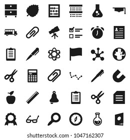 Flat vector icon set - graduate hat vector, ruler, glasses, apple fruit, atom, pen, telescope, bell, calculator, alarm clock, compass, medal, magnet, scissors, school bus, abacus, world, document