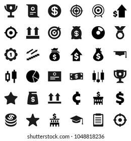 Flat vector icon set - graduate hat vector, clipboard, award cup, certificate, pie graph, japanese candle, money bag, dollar growth, bank building, target, cent sign, medal, stairways run, top, coin