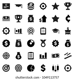 Flat vector icon set - graduate hat vector, clipboard, award cup, certificate, graph, pie, japanese candle, money bag, dollar growth, bank building, target, medal, cent sign, stairways run, coin
