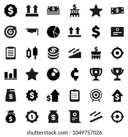 Flat vector icon set - graduate hat vector, clipboard, award cup, certificate, graph, pie, japanese candle, money bag, dollar growth, bank building, target, medal, cent sign, stairways run, top
