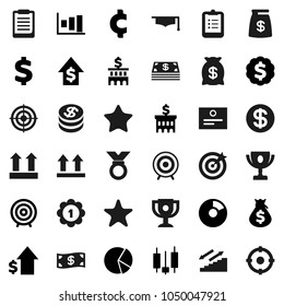 Flat vector icon set - graduate hat vector, clipboard, award cup, certificate, graph, pie, japanese candle, money bag, dollar growth, bank building, target, medal, cent sign, stairways run, top