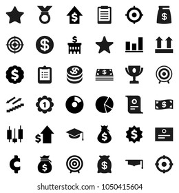 Flat vector icon set - graduate hat vector, clipboard, award cup, certificate, graph, pie, japanese candle, money bag, dollar growth, bank building, target, medal, cent sign, stairways run, top