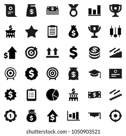 Flat vector icon set - graduate hat vector, clipboard, award cup, certificate, graph, pie, japanese candle, money bag, dollar growth, bank building, target, medal, sign, stairways run, top, coin