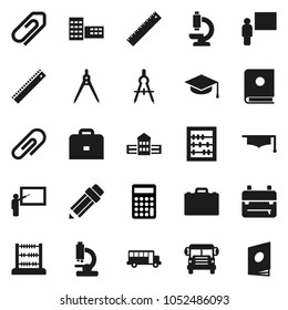 Flat vector icon set - graduate hat vector, pencil, school building, blackboard, ruler, drawing compass, case, backpack, bus, abacus, calculator, microscope, attachment, catalog