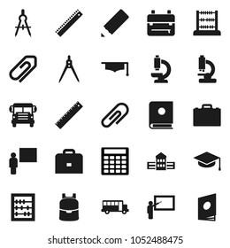 Flat vector icon set - graduate hat vector, pencil, school building, blackboard, ruler, drawing compass, case, backpack, bus, abacus, calculator, microscope, attachment, catalog