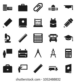 Flat vector icon set - graduate hat vector, pencil, school building, blackboard, ruler, drawing compass, case, backpack, bus, abacus, calculator, microscope, attachment, catalog