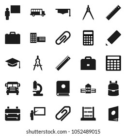 Flat vector icon set - graduate hat vector, pencil, school building, blackboard, ruler, drawing compass, case, backpack, bus, abacus, calculator, microscope, attachment, catalog