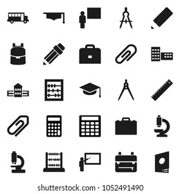 Flat vector icon set - graduate hat vector, pencil, school building, blackboard, ruler, drawing compass, case, backpack, bus, abacus, calculator, microscope, attachment, catalog