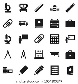 Flat vector icon set - graduate hat vector, pencil, school building, blackboard, ruler, drawing compass, case, backpack, bus, abacus, calculator, microscope, attachment, catalog