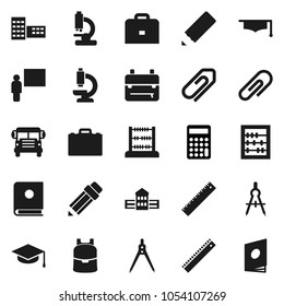 Flat vector icon set - graduate hat vector, pencil, school building, blackboard, ruler, drawing compass, case, backpack, bus, abacus, calculator, microscope, attachment, catalog