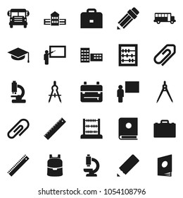 Flat vector icon set - graduate hat vector, pencil, school building, blackboard, ruler, drawing compass, case, backpack, bus, abacus, microscope, attachment, catalog