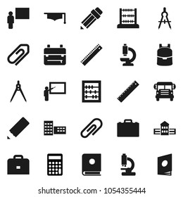 Flat vector icon set - graduate hat vector, pencil, school building, blackboard, ruler, drawing compass, case, backpack, bus, abacus, calculator, microscope, attachment, catalog